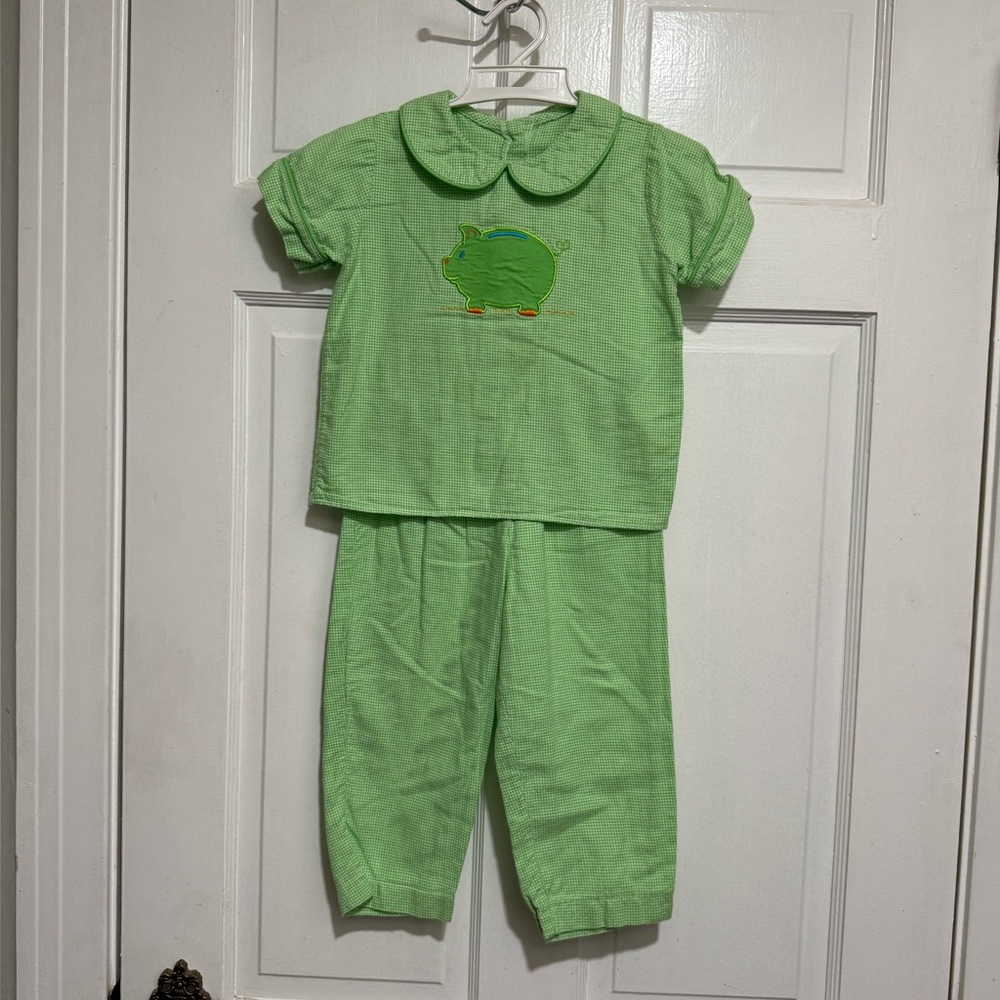 3T Boys Green Pig Appliqué Collar Shirt Pants Matching Set Zoo Farm Animal